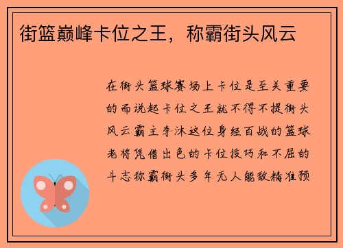 街篮巅峰卡位之王，称霸街头风云